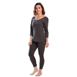 Deevaz Women's Cotton Winter 3/4 Sleeves Thermal Top and Lower Set In Dark Grey Color.