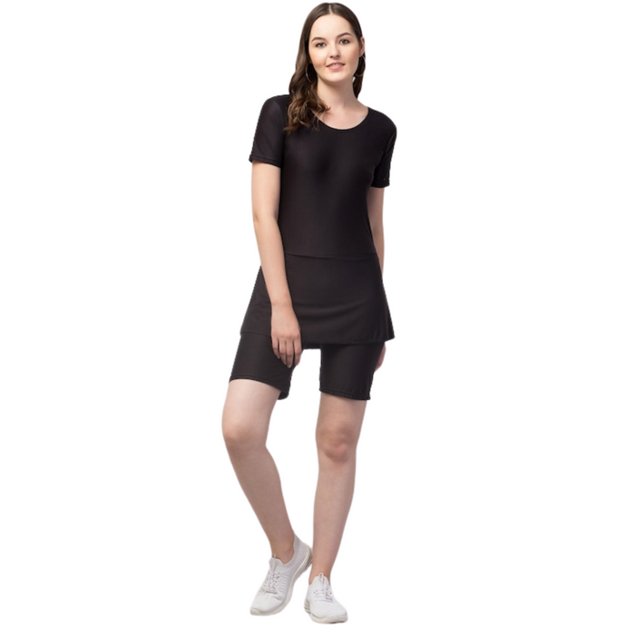 Deevaz Women's Frock Style Round Neck Short Sleeve & Knee Shorts Swimsuit In Black Color.
