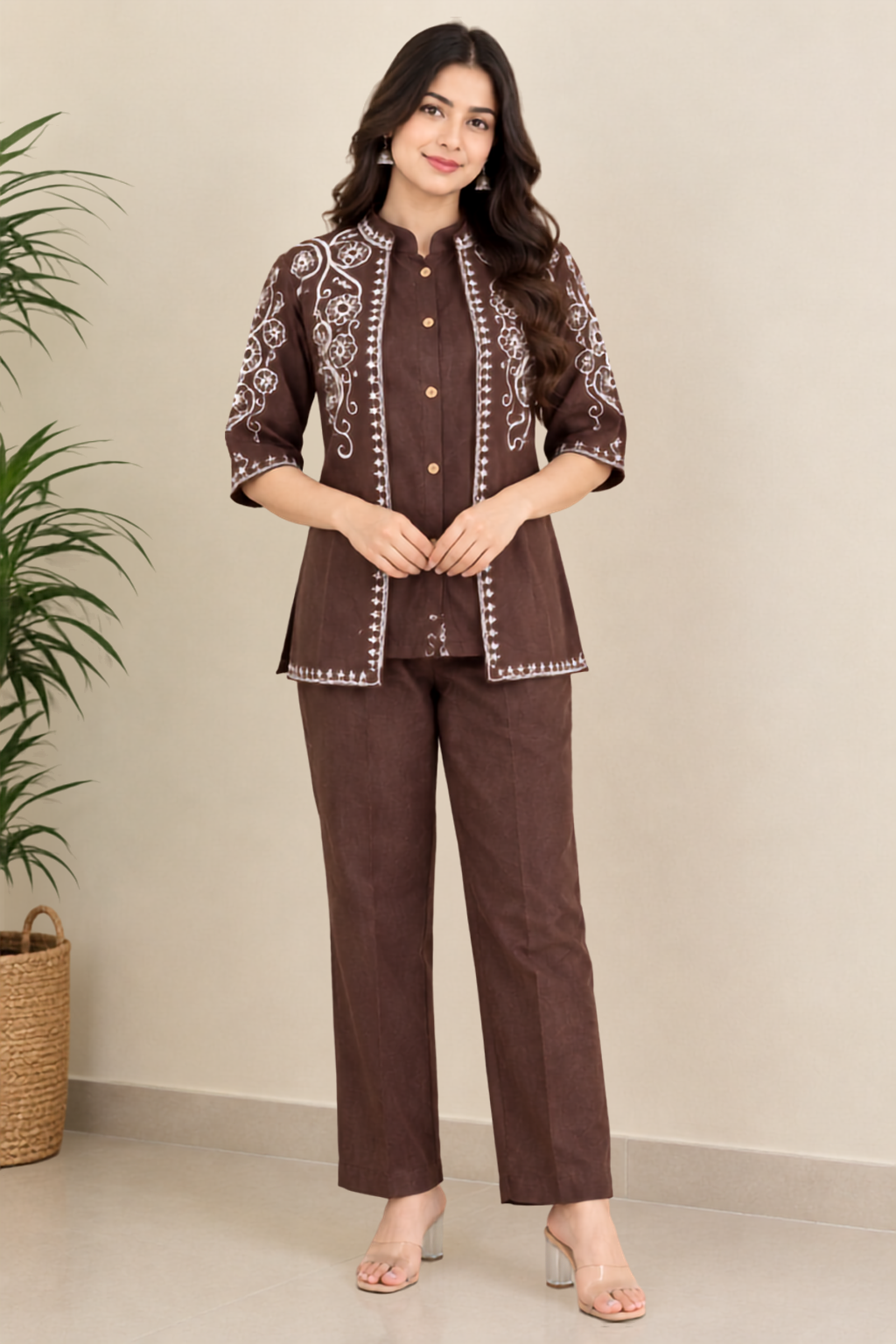Deevaz Women’s Brown Embroidered Kurta Pant Set | 3/4 Sleeve Ethnic Co-Ord Set