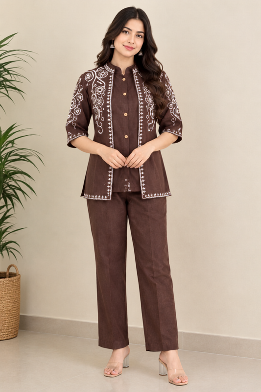 Deevaz Women’s Brown Embroidered Kurta Pant Set | 3/4 Sleeve Ethnic Co-Ord Set