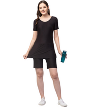 Load image into Gallery viewer, Deevaz Women&#39;s Frock Style Round Neck Short Sleeve &amp; Knee Shorts Swimsuit In Black Color.