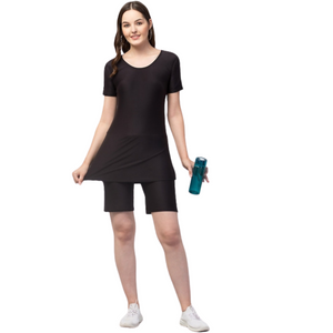 Deevaz Women's Frock Style Round Neck Short Sleeve & Knee Shorts Swimsuit In Black Color.