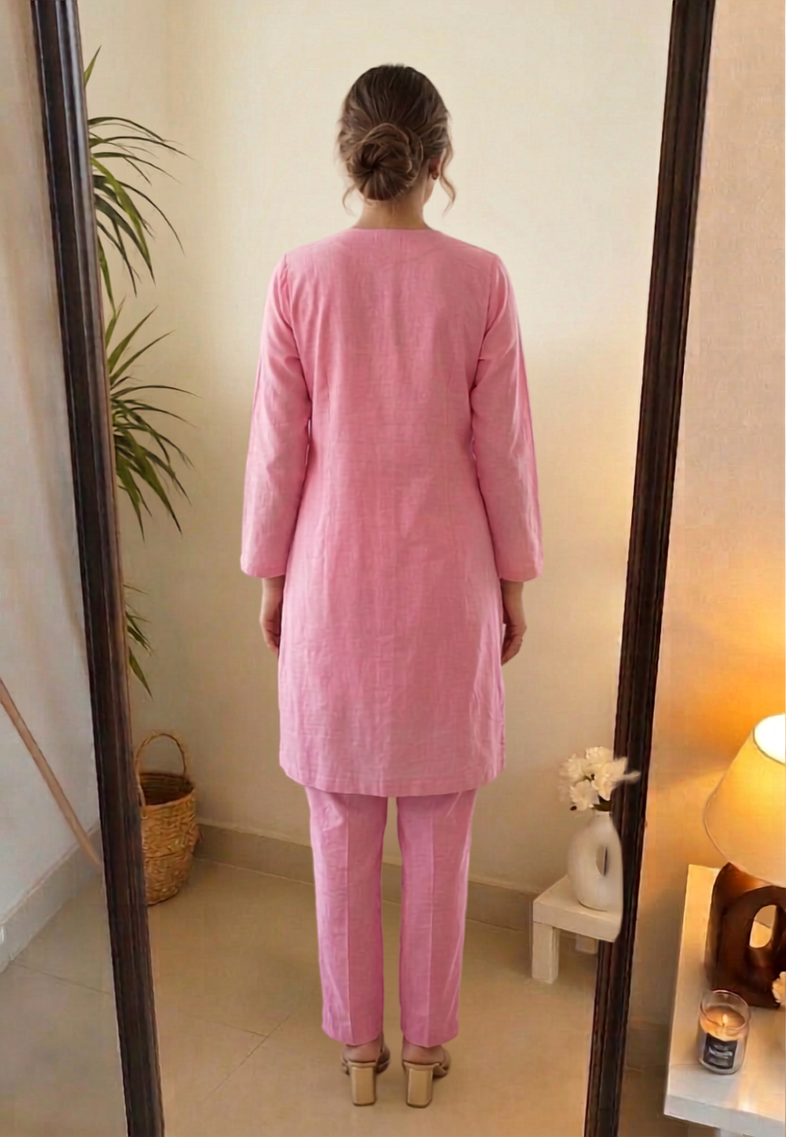 Deevaz Soft Pink Embroidered Cotton Kurta Set with Pin-Tuck