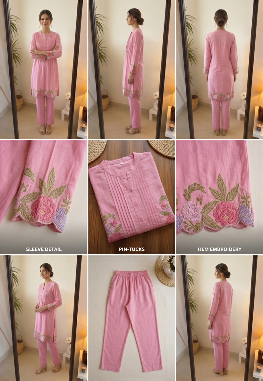 Deevaz Soft Pink Embroidered Cotton Kurta Set with Pin-Tuck