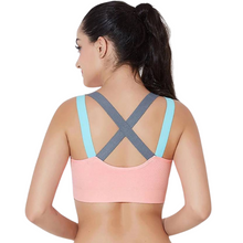 Load image into Gallery viewer, Deevaz Medium Impact Padded Non-Wired Sports Bra In Peach Color Cross Back Strap Detailing.