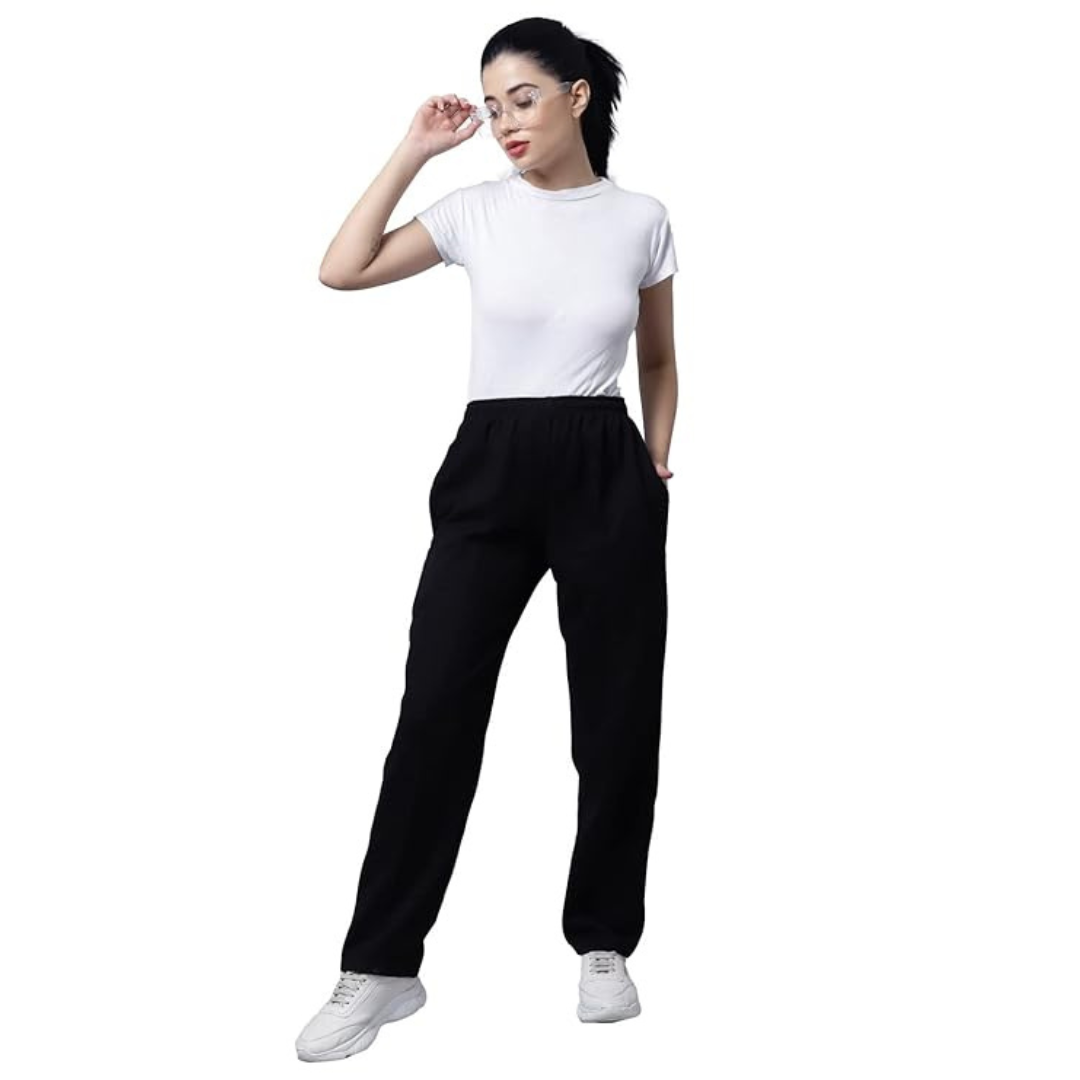 Deevaz Women's Fleece Regular-Fit Black Trackpant In Black Color.