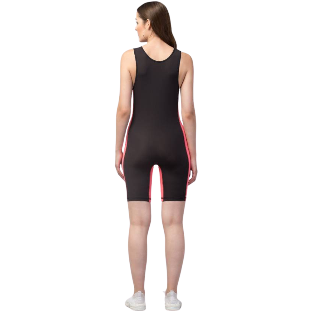 Deevaz Women Solid Legsuit Swimwear In Black & Peach Color.