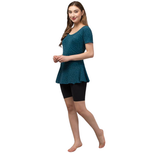 Deevaz Women's Frock Style Round Neck Short Sleeve & Knee Shorts Swimsuit In Teal & Black Color.