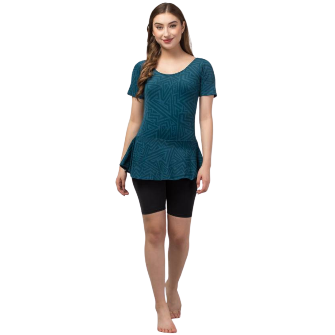 Deevaz Women's Frock Style Round Neck Short Sleeve & Knee Shorts Swimsuit In Teal & Black Color.