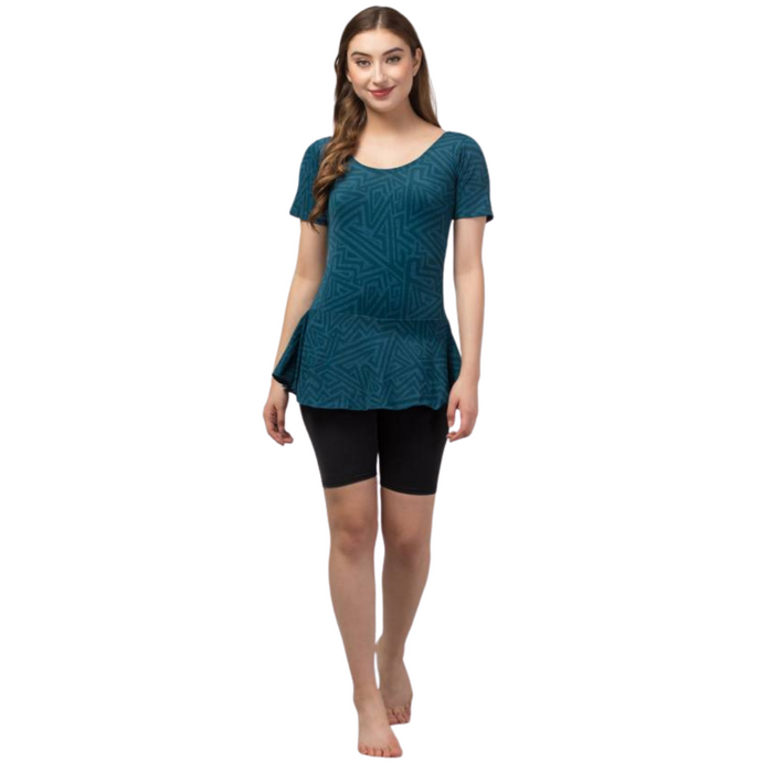 Deevaz Women's Frock Style Round Neck Short Sleeve & Knee Shorts Swimsuit In Teal & Black Color.
