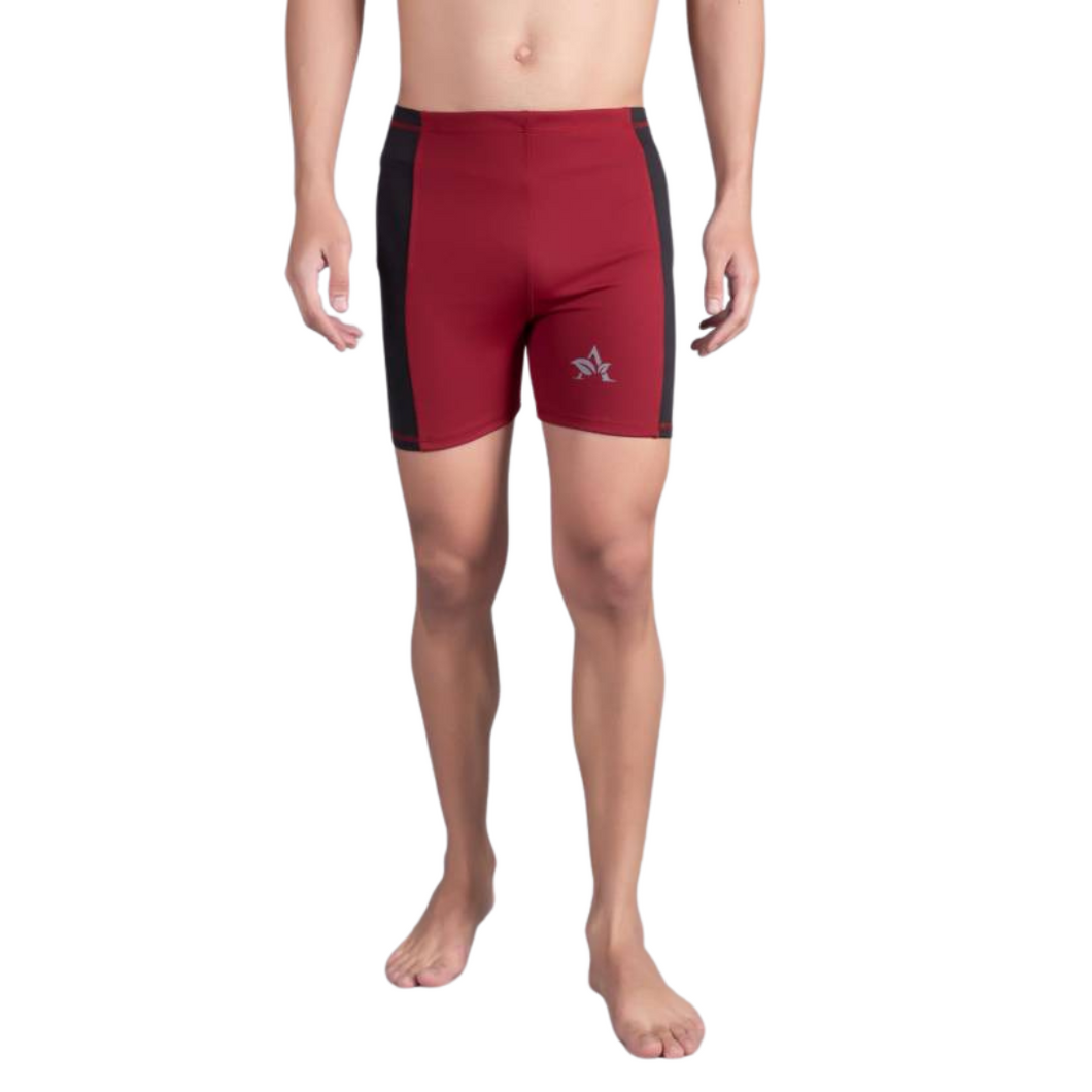 Deevaz Men's  Colorblocked Slim-Fit Swim Shorts In Maroon & Black Color.