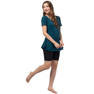Deevaz Women's Frock Style Round Neck Short Sleeve & Knee Shorts Swimsuit In Teal & Black Color.