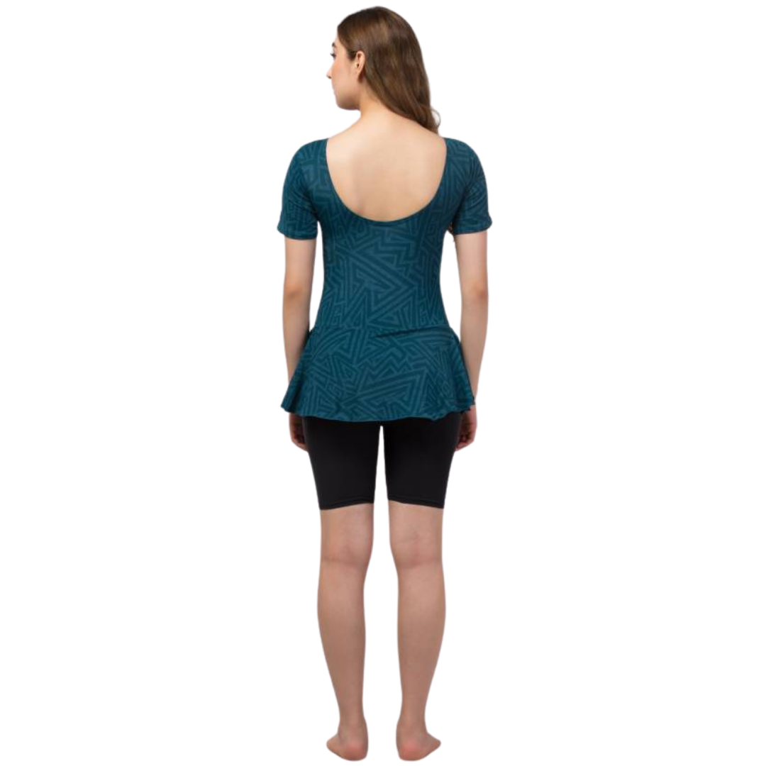 Deevaz Women's Frock Style Round Neck Short Sleeve & Knee Shorts Swimsuit In Teal & Black Color.