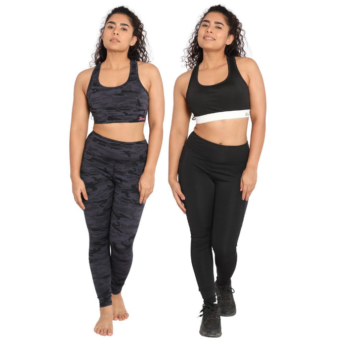 Deevaz Combo Of 2 Pair Of Comfort Fit Active Sports Bra & Snug Fit Active Ankle-Length Tights In Printed Blue & Black Color