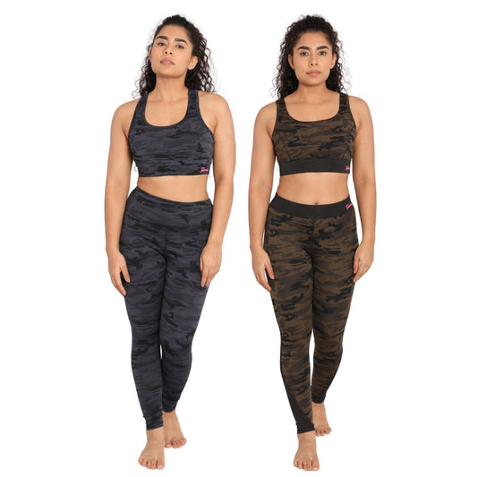 Deevaz Combo Of 2 Pair Of Comfort Fit Active Sports Bra & Snug Fit Active Ankle-Length Tights In Printed Blue & Olive Color