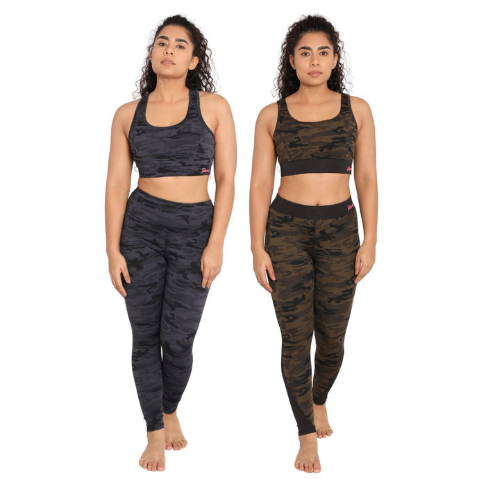 Deevaz Combo Of 2 Pair Of Comfort Fit Active Sports Bra & Snug Fit Active Ankle-Length Tights In Printed Blue & Olive Color