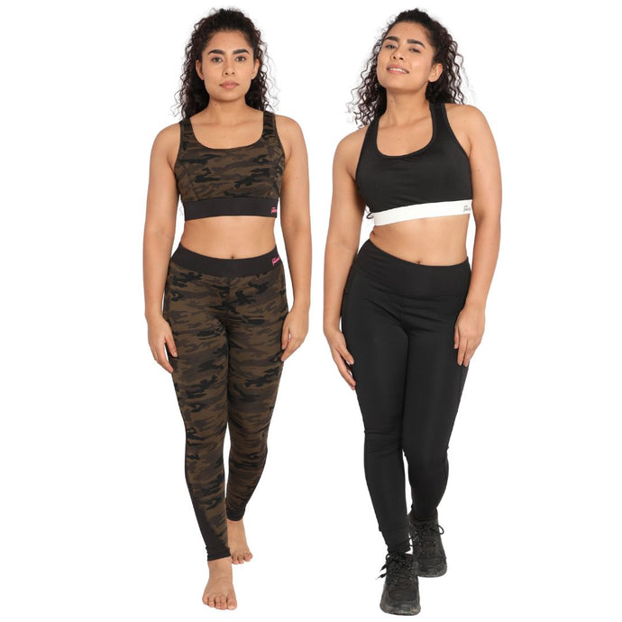 Deevaz Combo Of 2 Pair Of Comfort Fit Active Sports Bra & Snug Fit Active Ankle-Length Tights In Olive & Black with White Color