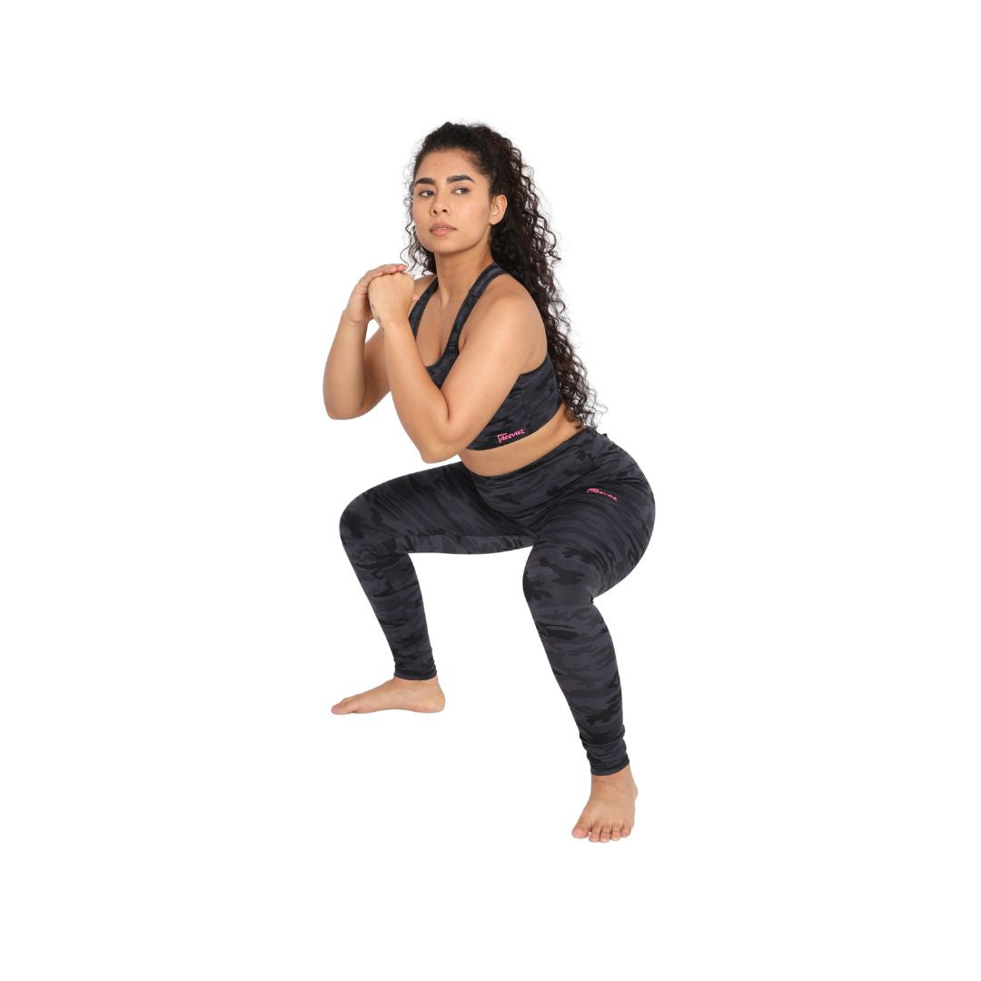 Deevaz Combo Of 2 Pair Of Comfort Fit Active Sports Bra & Snug Fit Active Ankle-Length Tights In Printed Blue & Olive Color