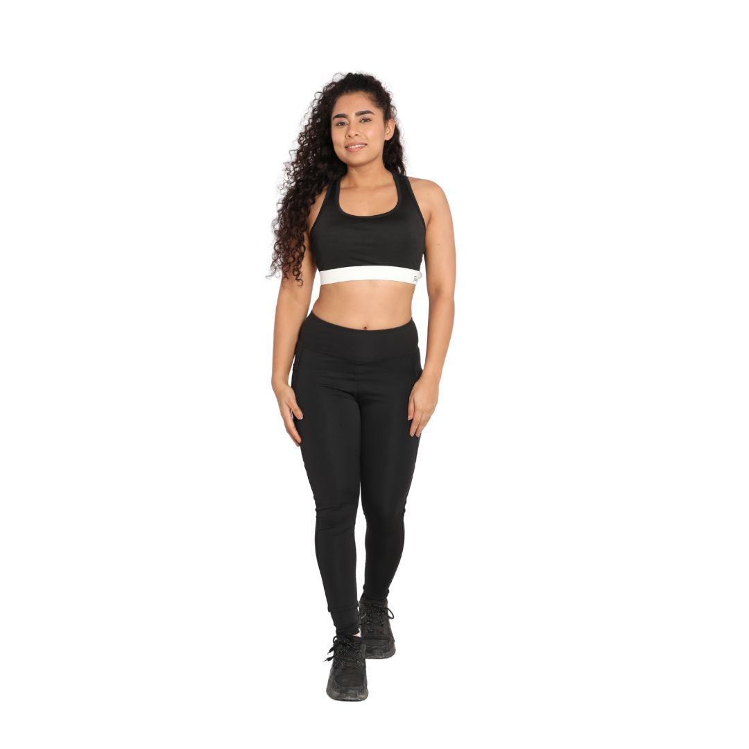 Deevaz Combo Of 2 Pair Of Comfort Fit Active Sports Bra & Snug Fit Active Ankle-Length Tights In Printed Blue & Black Color