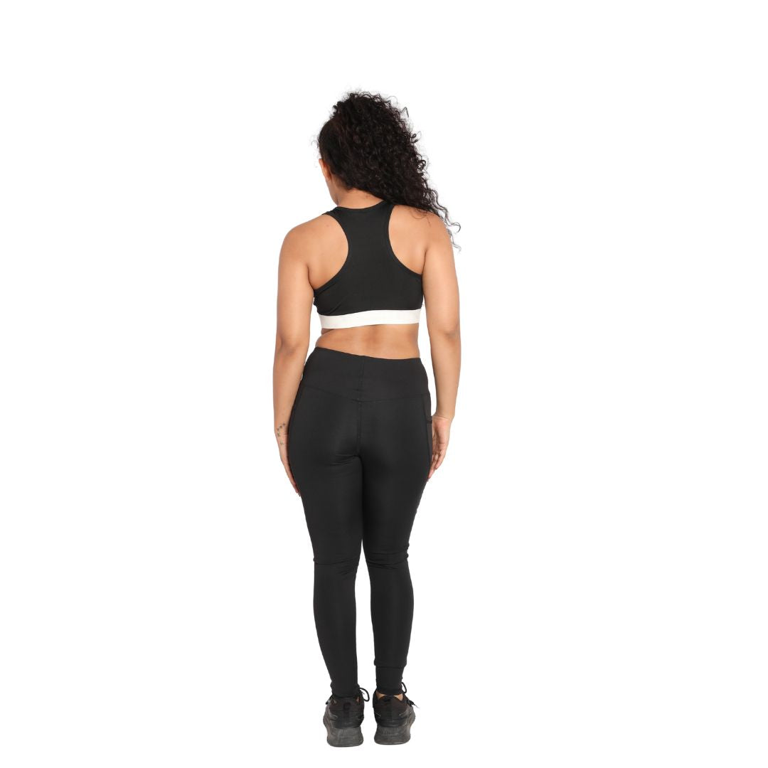 Deevaz Combo Of 2 Pair Of Comfort Fit Active Sports Bra & Snug Fit Active Ankle-Length Tights In Printed Blue & Black Color