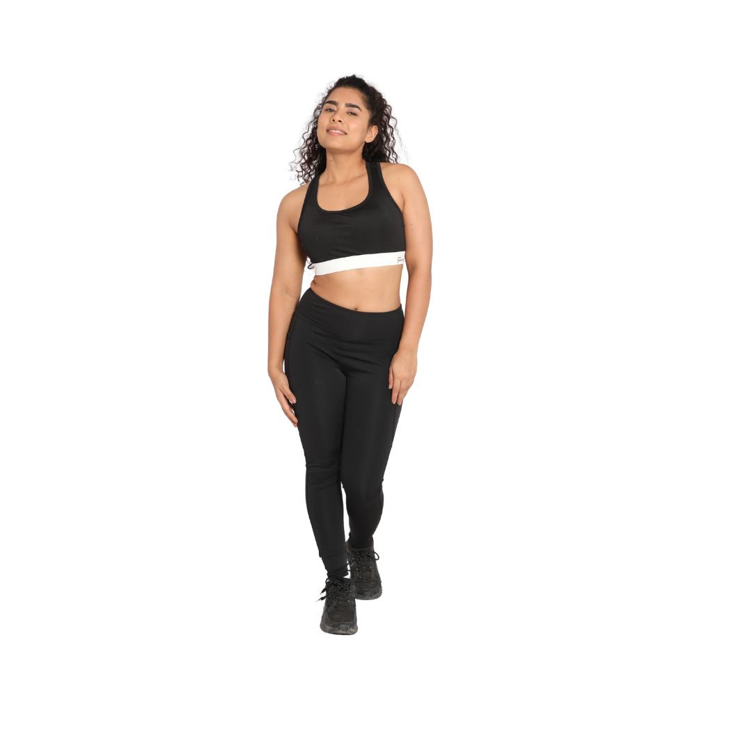 Deevaz Combo Of 2 Pair Of Comfort Fit Active Sports Bra & Snug Fit Active Ankle-Length Tights In Printed Blue & Black Color