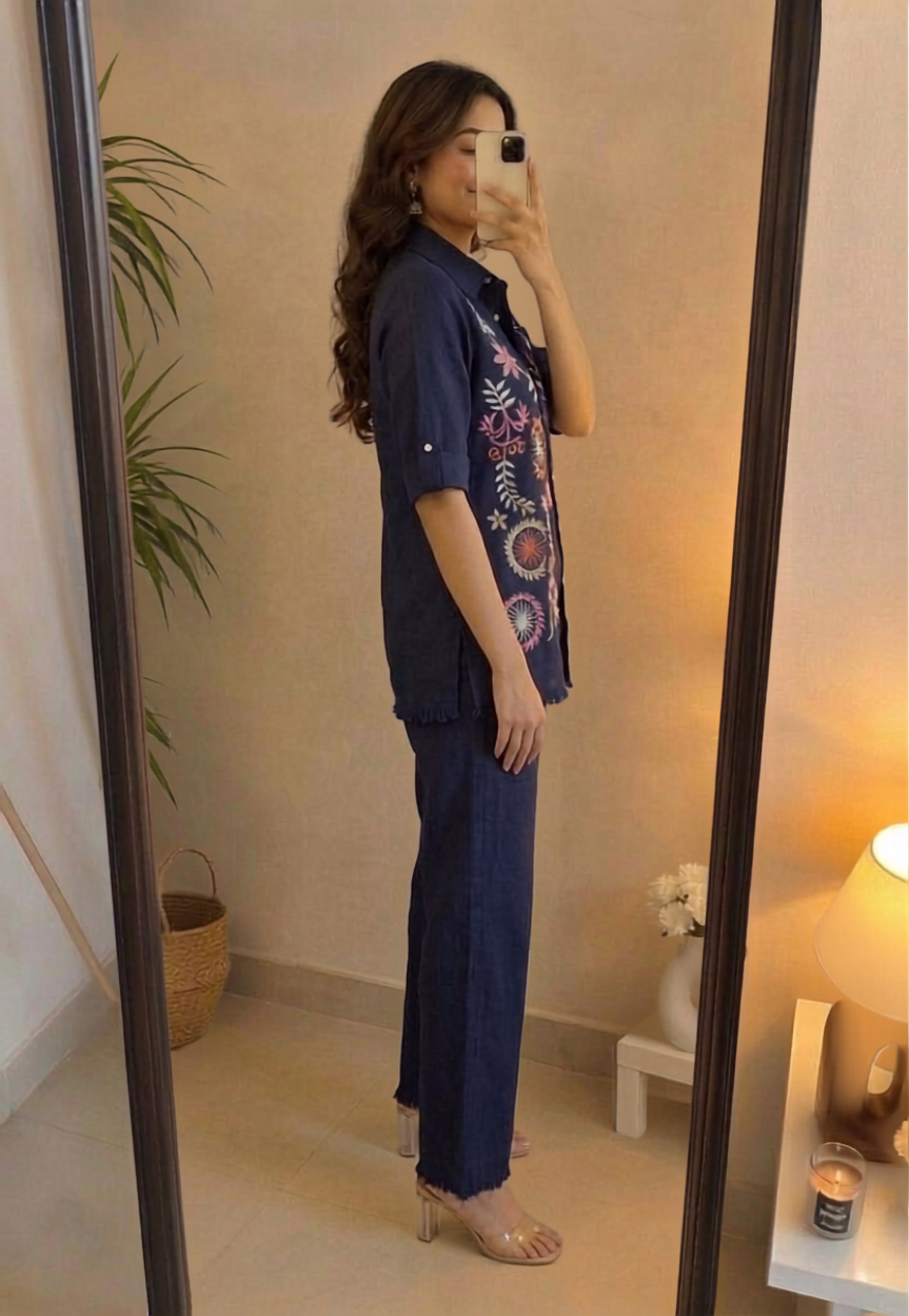 Deevaz Navy Blue Embroidered Linen Co-ord Set