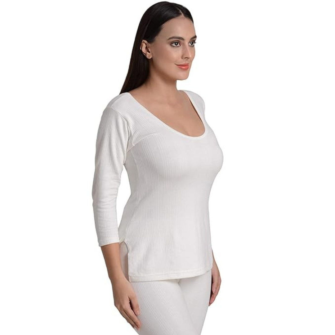 Deevaz Women's Cotton Winter Round Neck 3/4 Sleeves Thermal Top And Lower Set In White Color.
