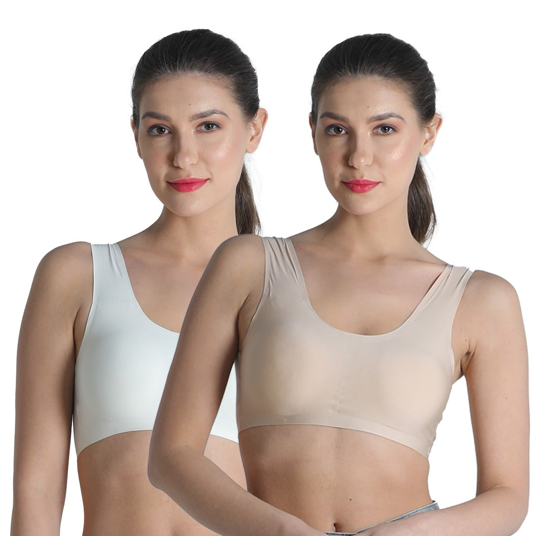 Deevaz Combo Of 2 Seamless Non-Wired Sports Bra With Removable Cups In Skin Colour & White Colour.