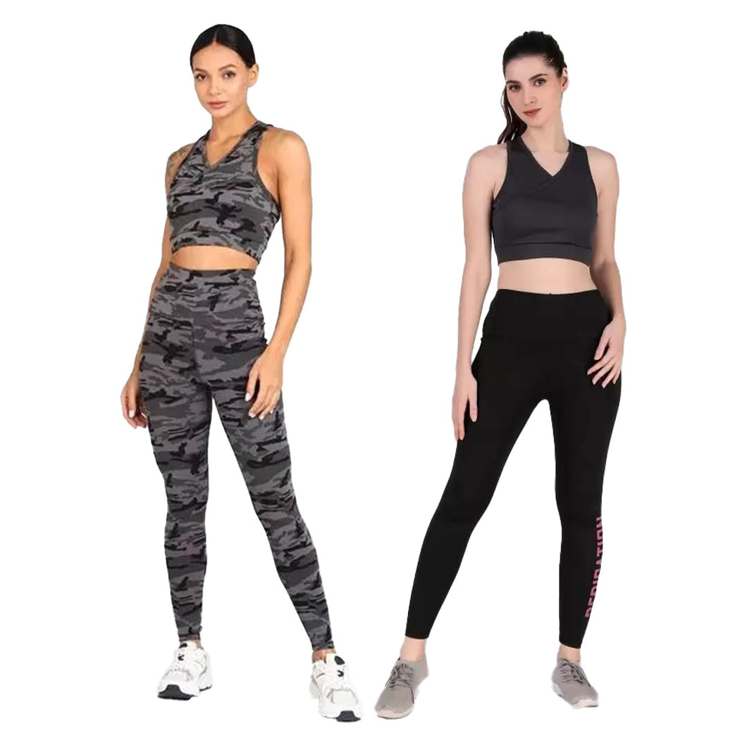 Deevaz Combo Of 2 Pair Of Comfort Fit Active Sports Bra & Snug Fit Active Ankle-Length Tights In Grey & Black Camouflage Color.