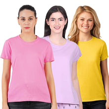 Load image into Gallery viewer, Deevaz Combo Of 3 Women Comfort Fit Round Neck Half Sleeve Cotton T-Shirts In Baby Pink, Yellow, Mauve.