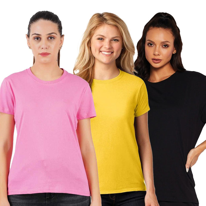 Deevaz Combo Of 3  Women Comfort Fit Round Neck Half Sleeve Cotton T-Shirts In Baby Pink, Yellow, Black.