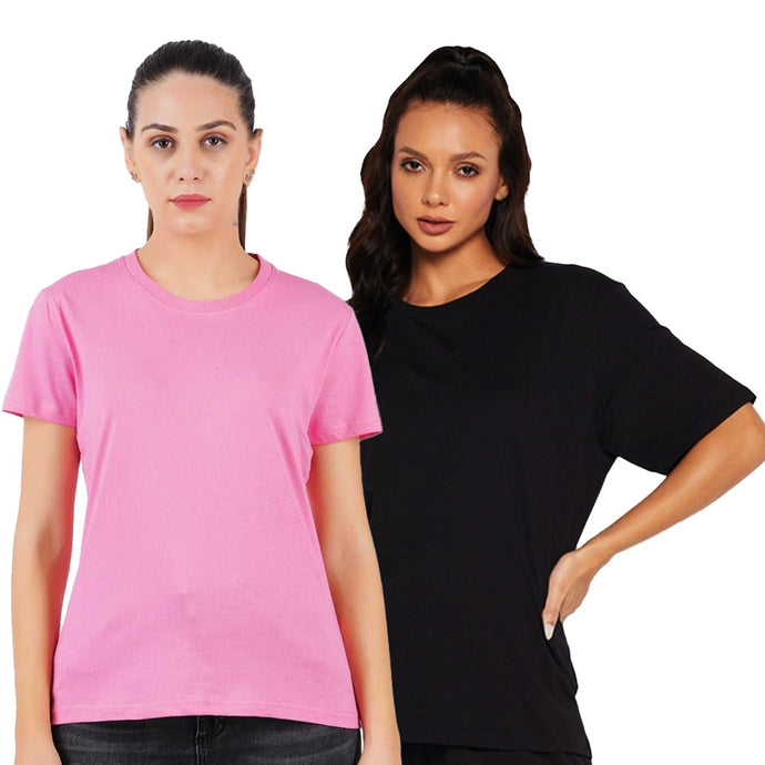 Deevaz Combo Of 2 Women Comfort Fit Round Neck Half Sleeve Cotton T-Shirts In Pink, Black.