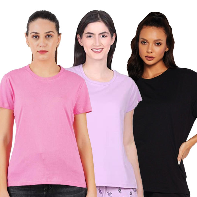 Deevaz Combo Of 3 Women Comfort Fit Round Neck Half Sleeve Cotton T-Shirts In Baby Pink, Mauve, Black.