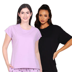 Deevaz Combo Of 2 Women Comfort Fit Round Neck Half Sleeve Cotton T-Shirts In Mauve, Black.