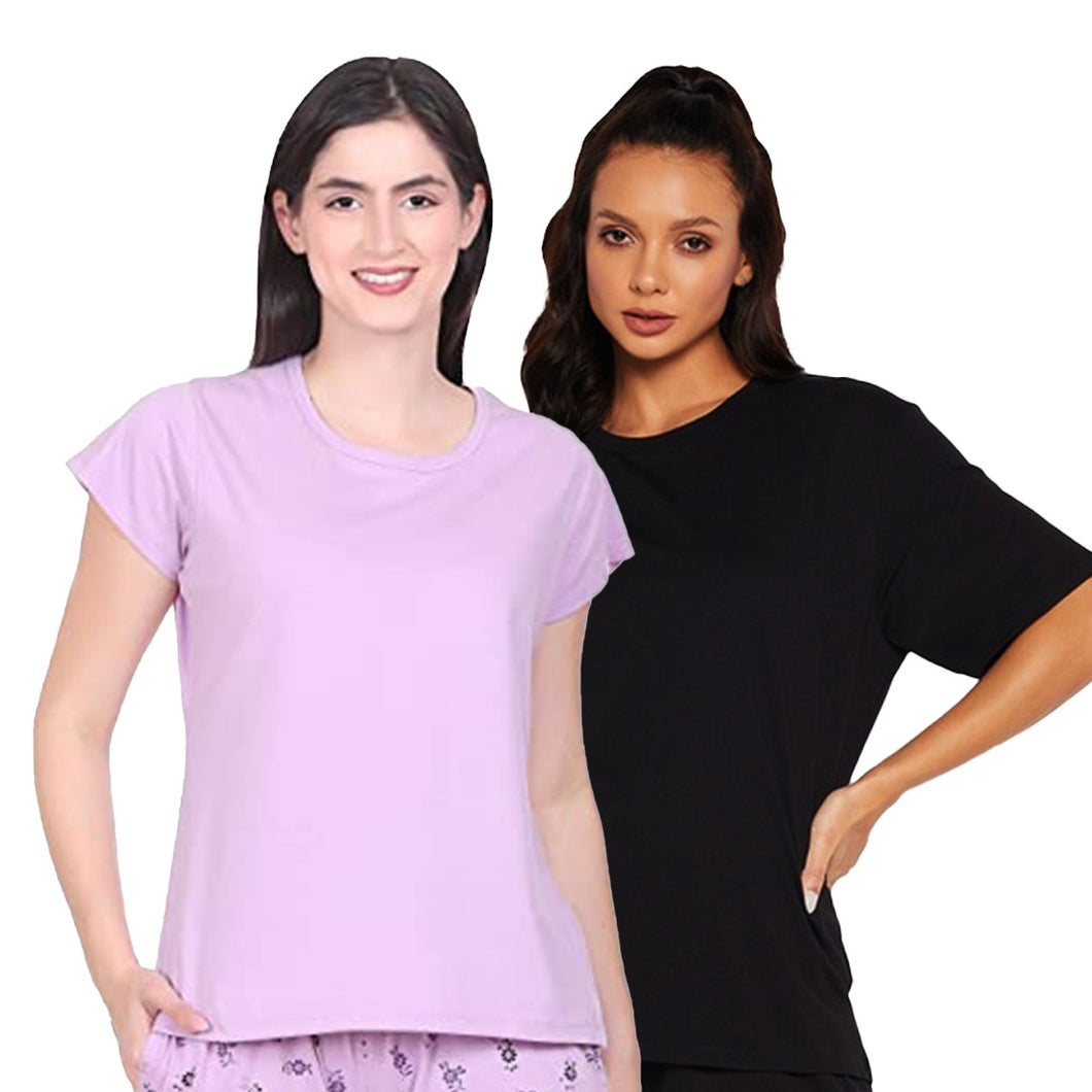 Deevaz Combo Of 2 Women Comfort Fit Round Neck Half Sleeve Cotton T-Shirts In Mauve, Black.