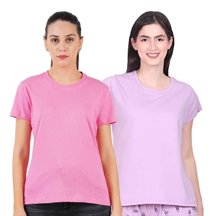 Deevaz Combo Of 2 Women Comfort Fit Round Neck Half Sleeve Cotton T-Shirts In Mauve, Pink.
