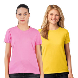 Deevaz Combo Of 2 Women Comfort Fit Round Neck Half Sleeve Cotton T-Shirts In Yellow, Pink.