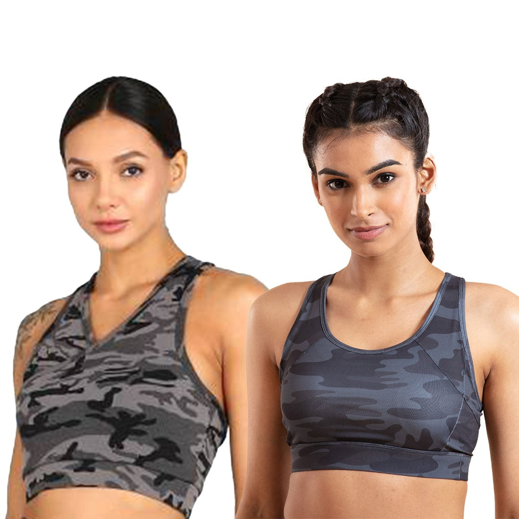 Deevaz Combo Of 2 Full Coverage Non Padded Sports Bra In (Printed Bluish & Grey)