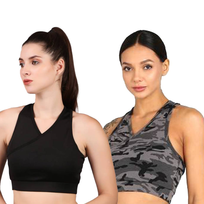 Deevaz Combo Of 2 Full Coverage Non Padded Sports Bra In (Grey & Solid Black)