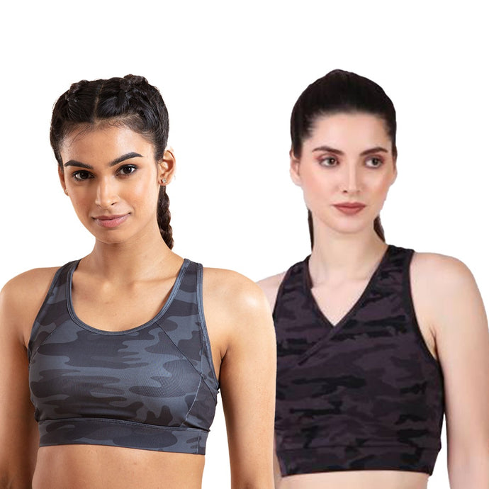 Deevaz Combo Of 2 Full Coverage Non Padded Sports Bra In (Printed Black & Blue)