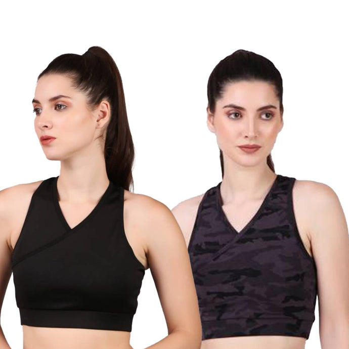Deevaz Combo Of 2 Full Coverage Non Padded Sports Bra In (Printed Black & Solid Black)