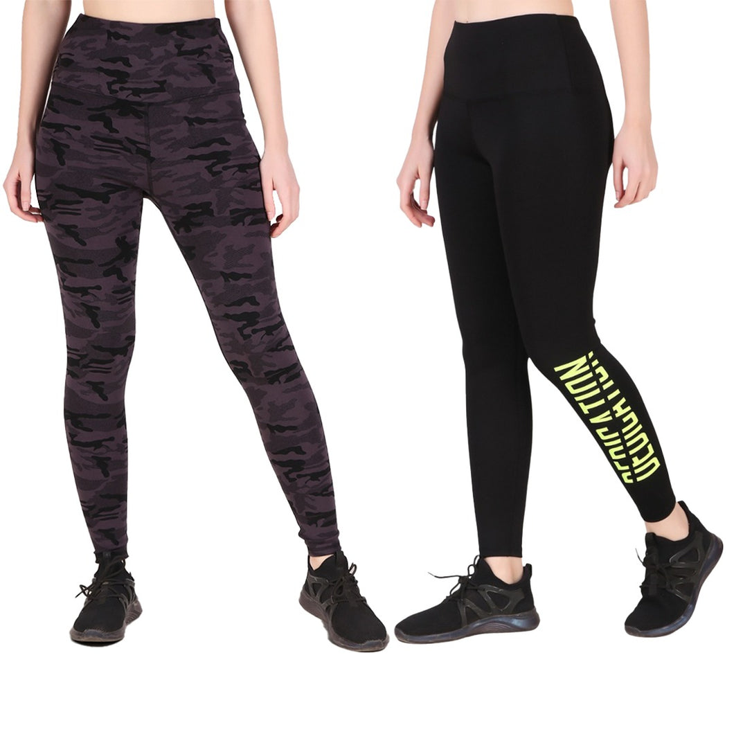 Deevaz Combo Of 2 Pair Of Snug Fit Active Ankle-Length Tights In Printed Black & Solid Black Camouflage Color.