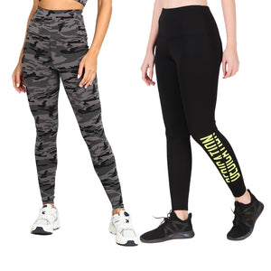 Deevaz Combo Of 2 Pair Of Snug Fit Active Ankle-Length Tights In Printed Grey & Solid Black Camouflage Color.