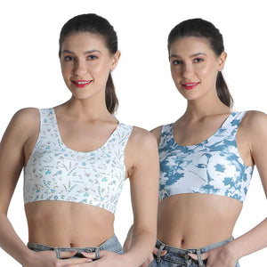 Deevaz Combo Of 2 Seamless Non-Wired Sports Bra With Removable Cups In Printed White Colour.