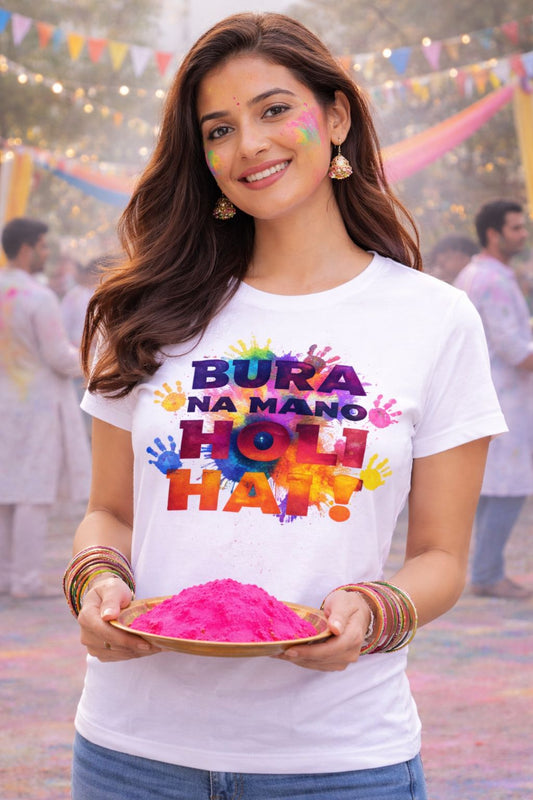 Deevaz Women Comfort Fit Round Neck Half Sleeve Holi T Shirts In White Color