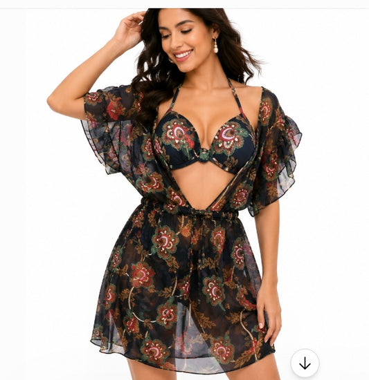 Deevaz Boho Floral Chiffon 3-Piece Swimsuit Set – Underwire Bikini with Ruffled Sheer Beach Cover-Up Dress.