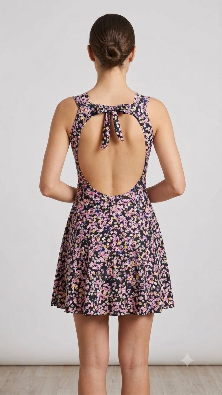 Deevaz Women's Black Floral Print Sleeveless Backless Fit & Flare Mini Dress