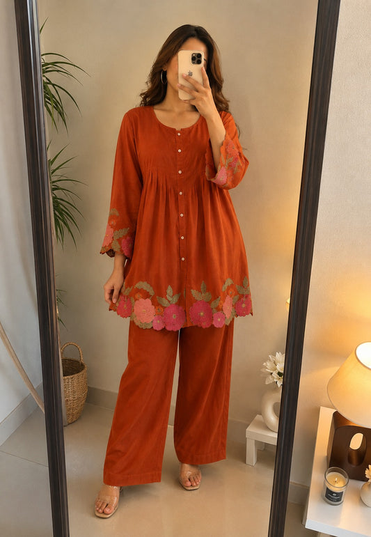 Deevaz Women’s Rust Orange Floral Embroidered Kurta & Palazzo Set