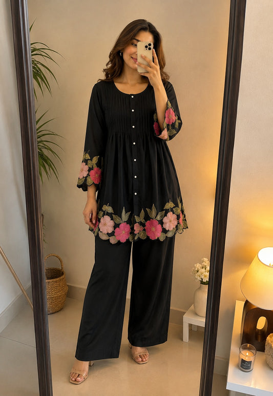Deevaz Women’s Black Floral Embroidered Kurta & Palazzo Pant Set