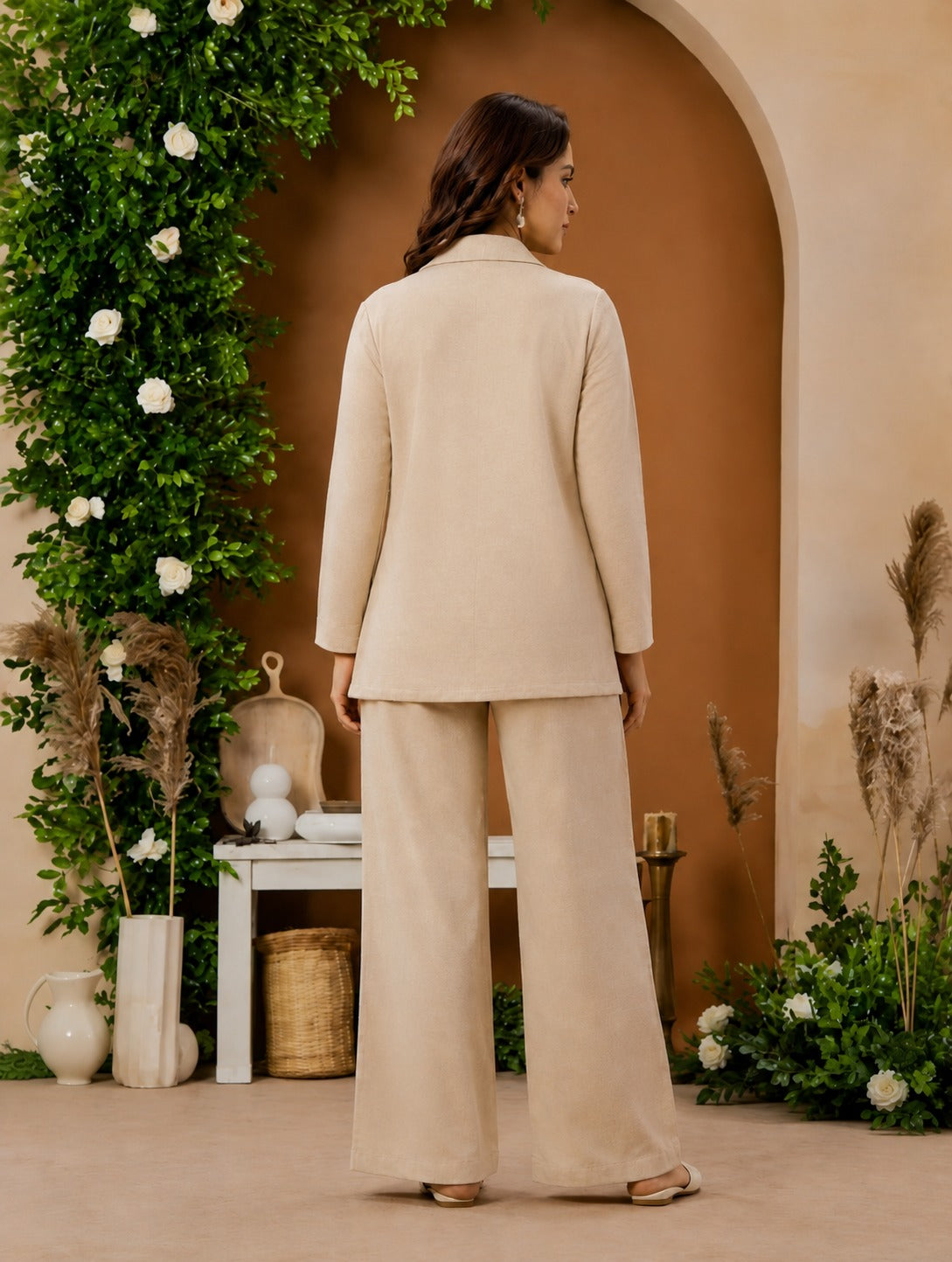 Deevaz Women’s Cream Floral Embroidered Blazer Style Top & Wide-Leg Pants Co-Ord Set